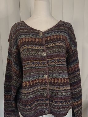 Vtg Coldwater Creek Multicolor Striped Knit Cardigan in Brown, Blue, Green